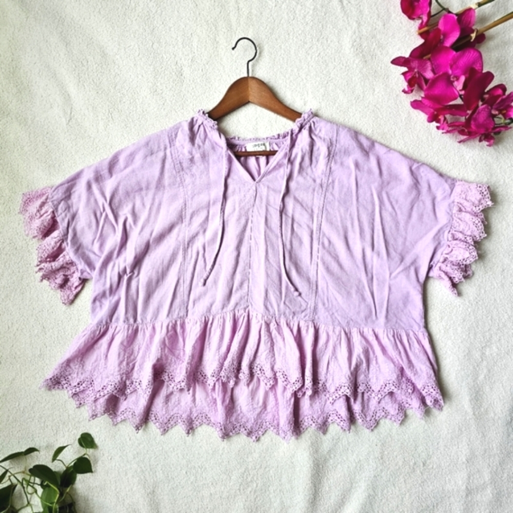 Umgee Linen Blend Boxy Lace Detail Flounced Blouse Bohemian Design Oversized M